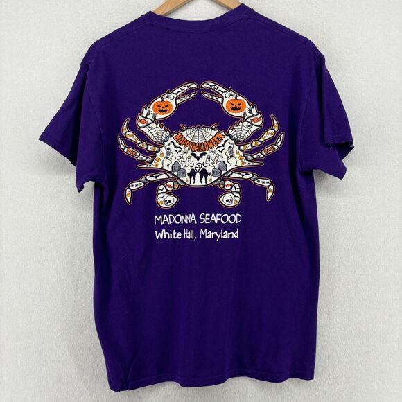 MADONNA SEAFOOD Shirt Adult M White Hall MD Maryland Restaurant Halloween Purple - Picture 2 of 12